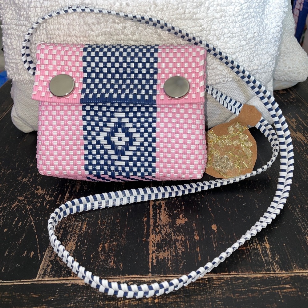 Woven Plastic Crossbody Bag Pink Navy Blue White Geometric Pattern Handcrafted